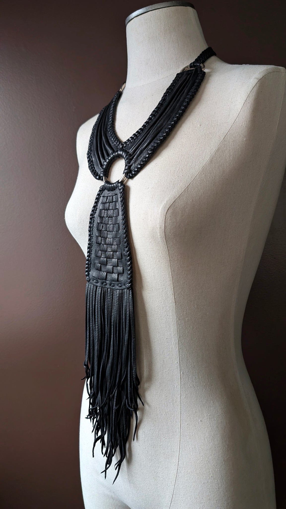 Kai Leather Necklace, Basket Weave Pendant, Crinkled Collar, Fringe, African Inspired