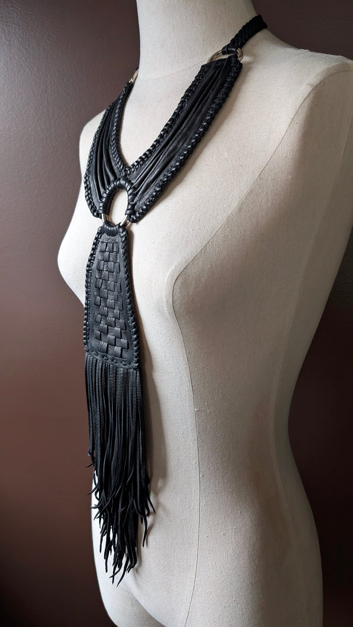 Kai Leather Necklace, Basket Weave Pendant, Crinkled Collar, Fringe, African Inspired