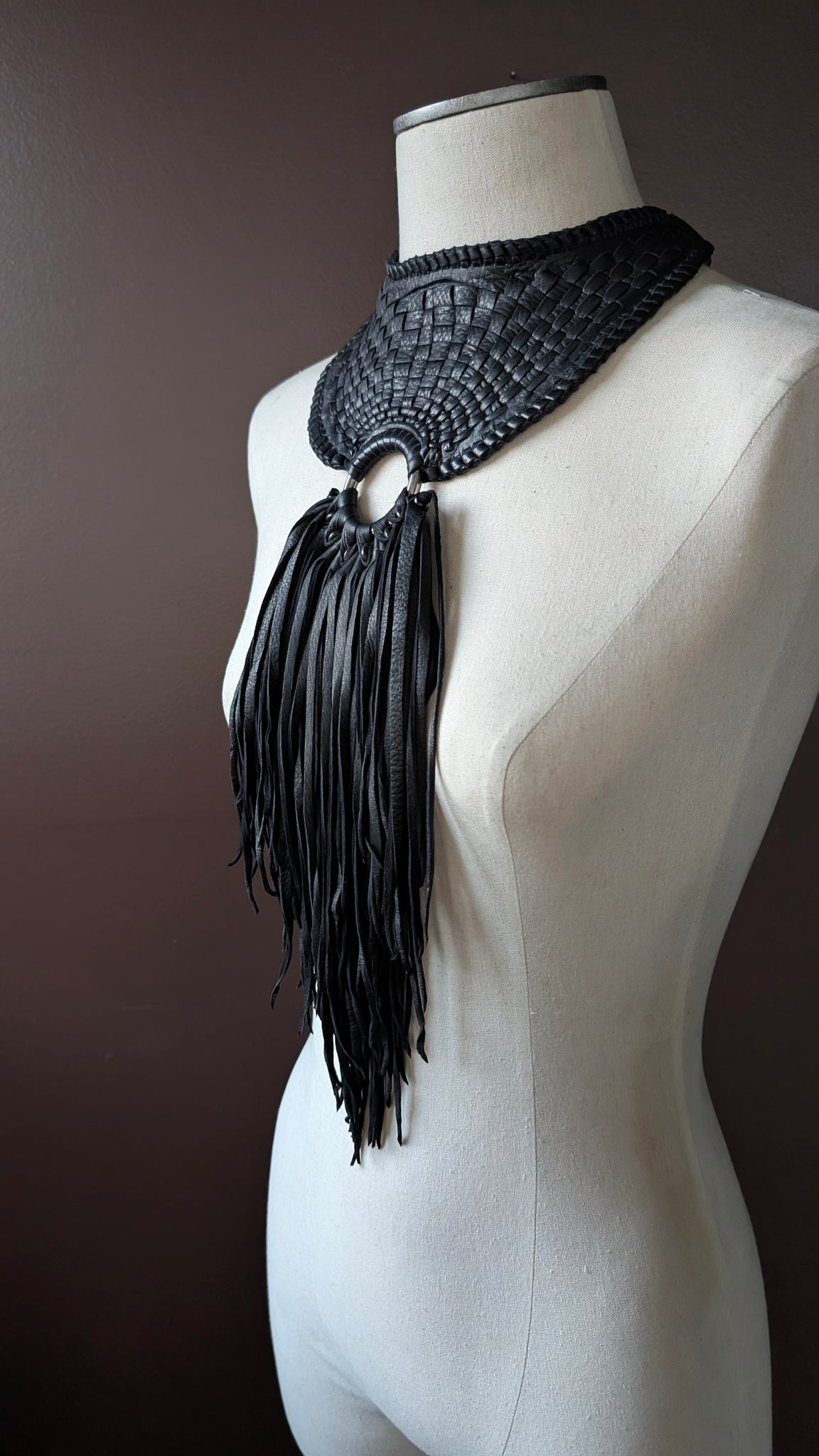 Zanta African Inspired Leather Necklace, Basket Weave Collar Bib Style Neckpiece - SS1128