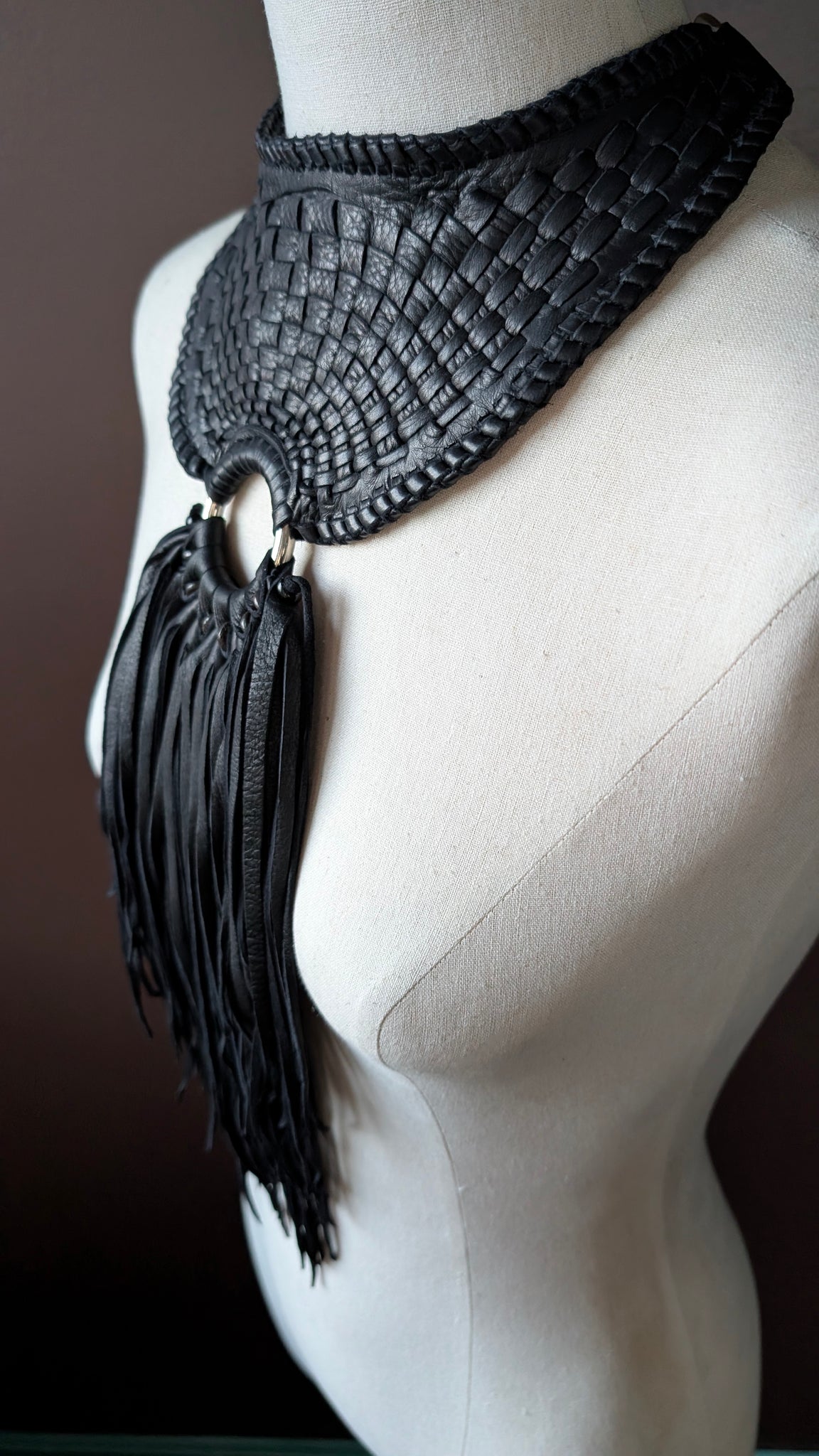 Zanta African Inspired Leather Necklace, Basket Weave Collar Bib Style Neckpiece - SS1128