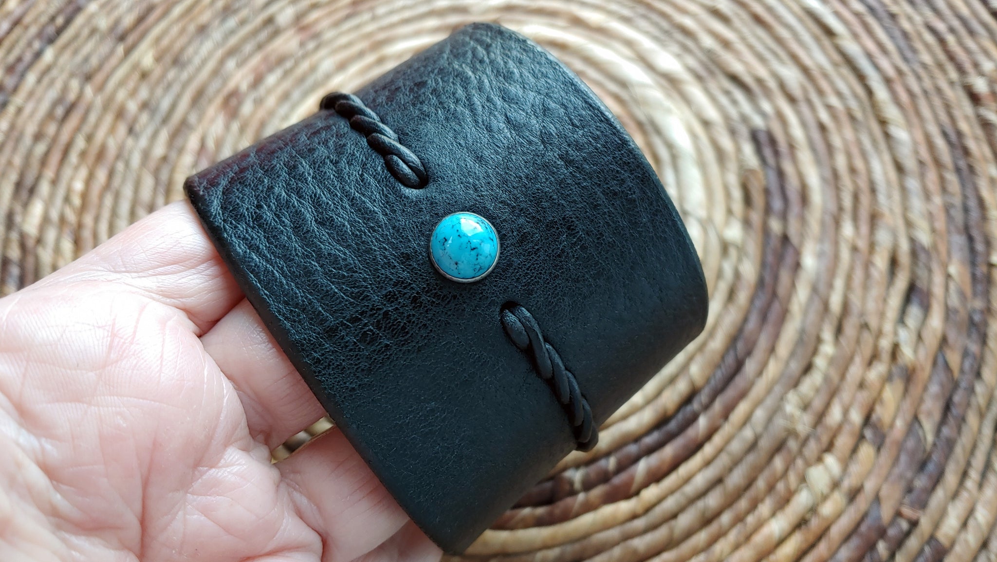 EXTRA WIDE Reyes Turquoise Leather Bracelet | Men's Women's Braided Leather Bracelet  - SS1118-W