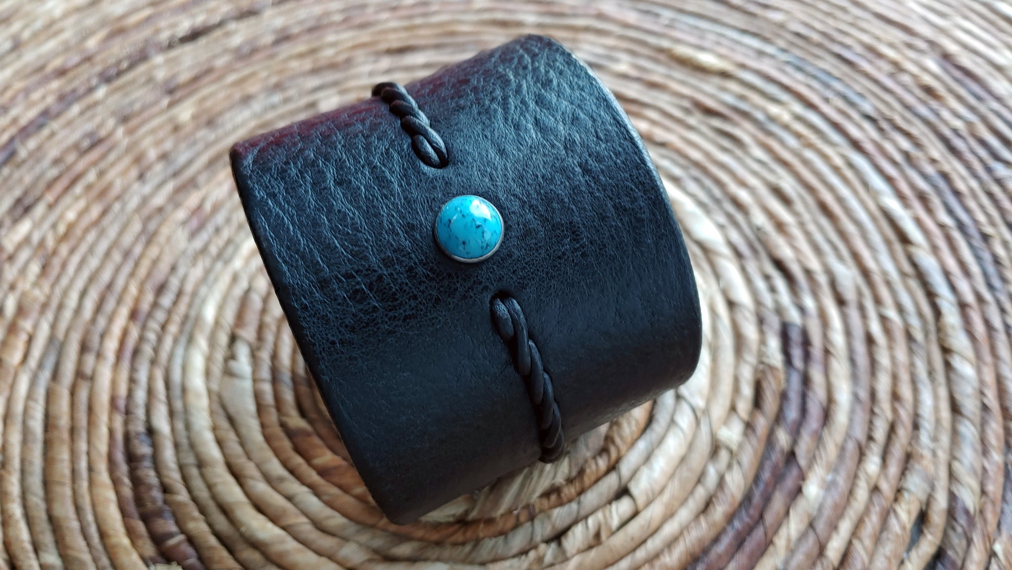 EXTRA WIDE Reyes Turquoise Leather Bracelet | Men's Women's Braided Leather Bracelet  - SS1118-W