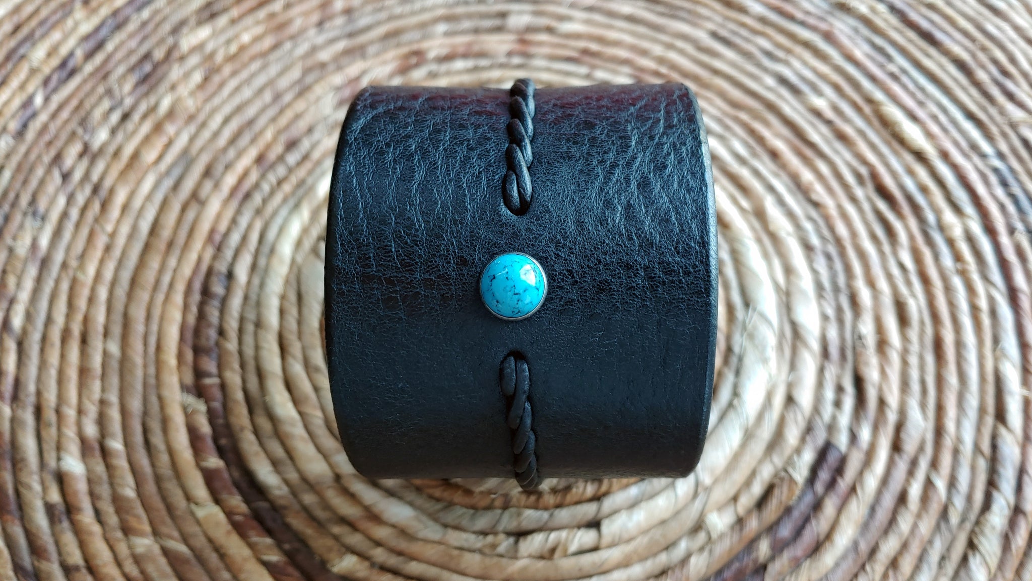 EXTRA WIDE Reyes Turquoise Leather Bracelet | Men's Women's Braided Leather Bracelet  - SS1118-W