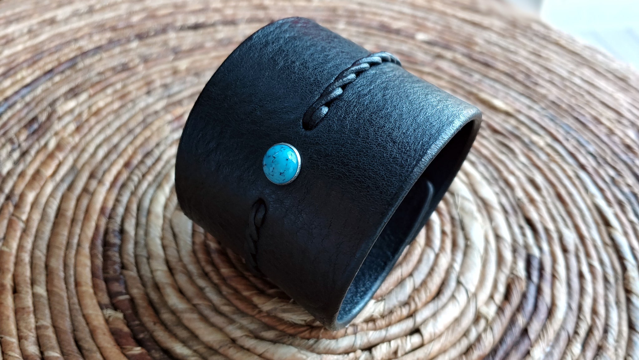 EXTRA WIDE Reyes Turquoise Leather Bracelet | Men's Women's Braided Leather Bracelet  - SS1118-W