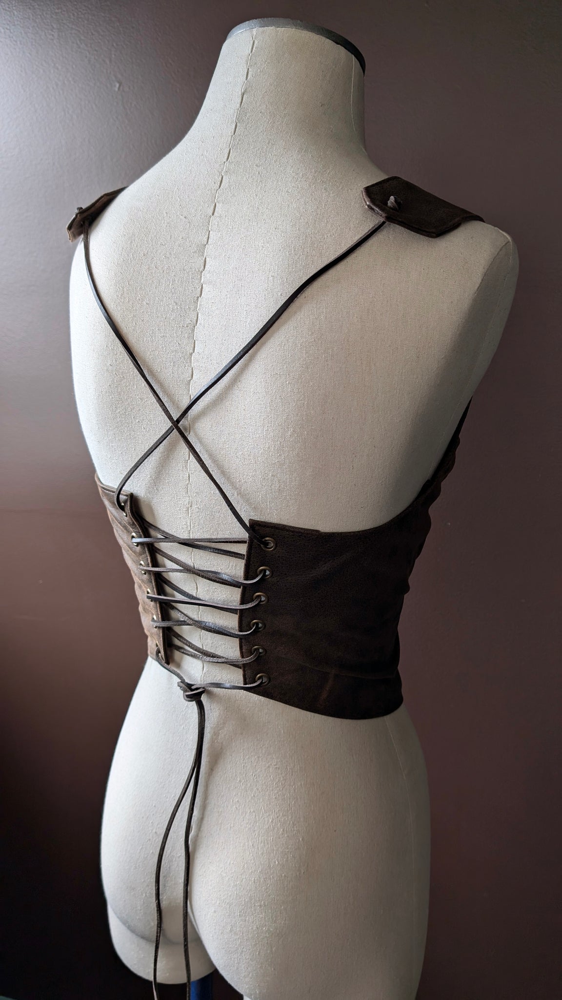 SALE | Rebel Leather Halter Top | Vest Style, Lace Up, Backless, PLONGE (Cow) Leather Top - Distressed Chocolate Brown, Size Large