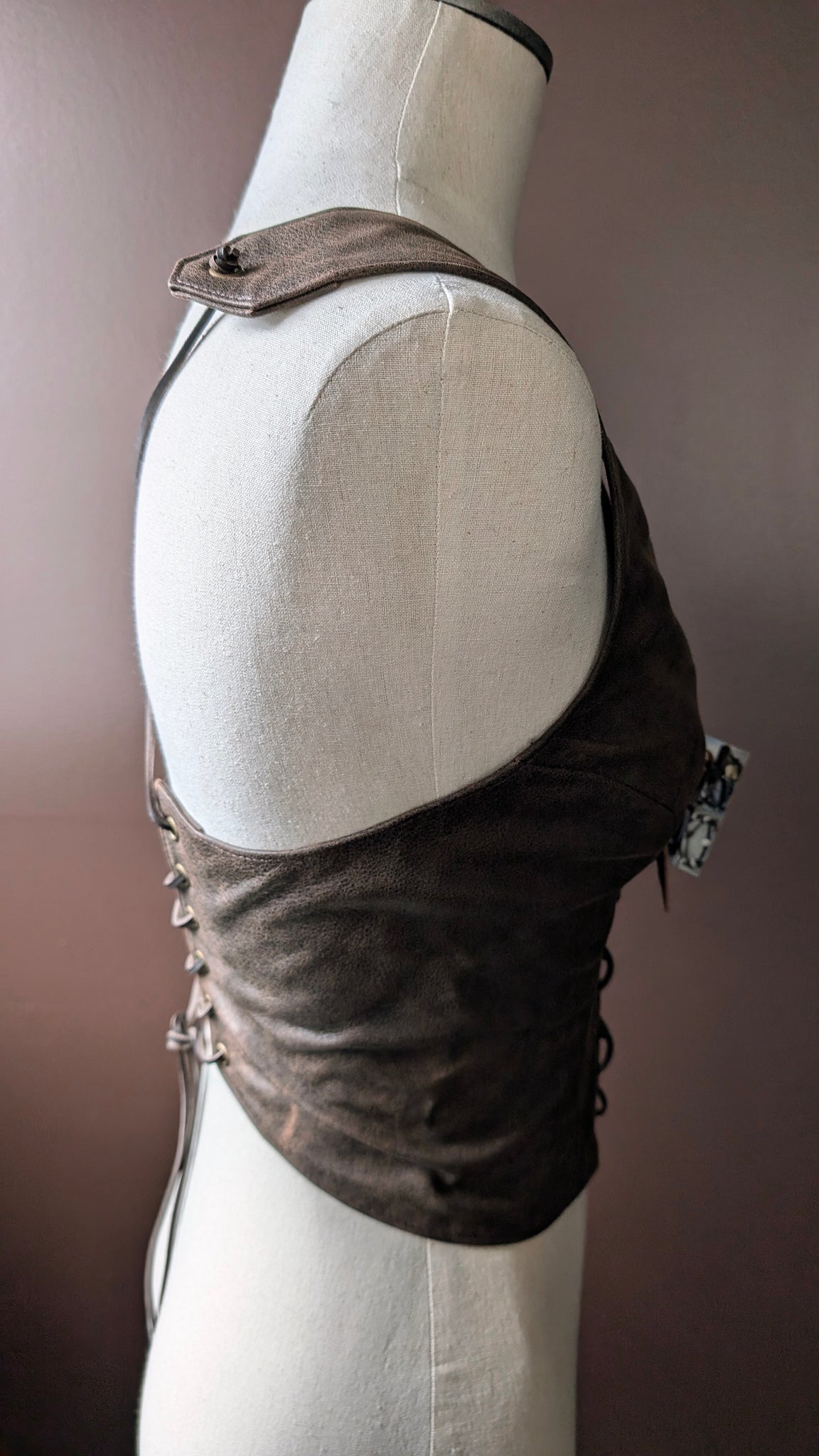 SALE | Rebel Leather Halter Top | Vest Style, Lace Up, Backless, PLONGE (Cow) Leather Top - Distressed Chocolate Brown, Size Large