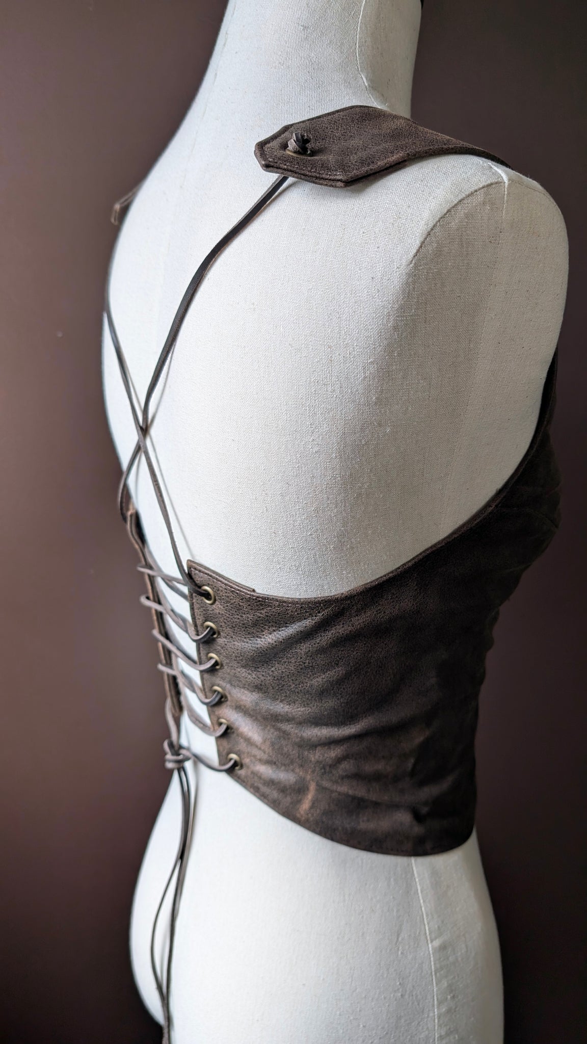 SALE | Rebel Leather Halter Top | Vest Style, Lace Up, Backless, PLONGE (Cow) Leather Top - Distressed Chocolate Brown, Size Large