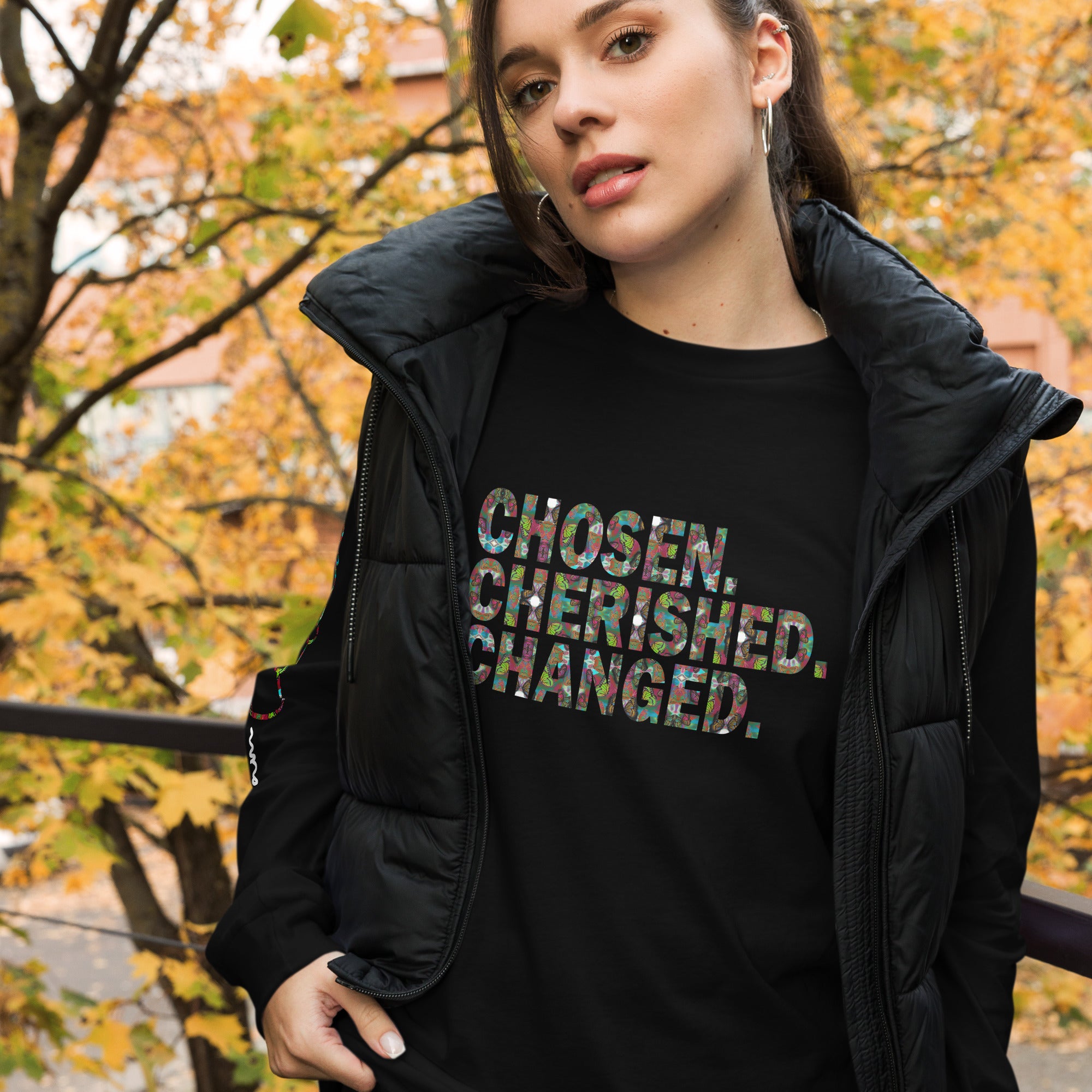 Chosen. Cherished. Changed. Butterfly Word Art Graphic Long Sleeve Tee