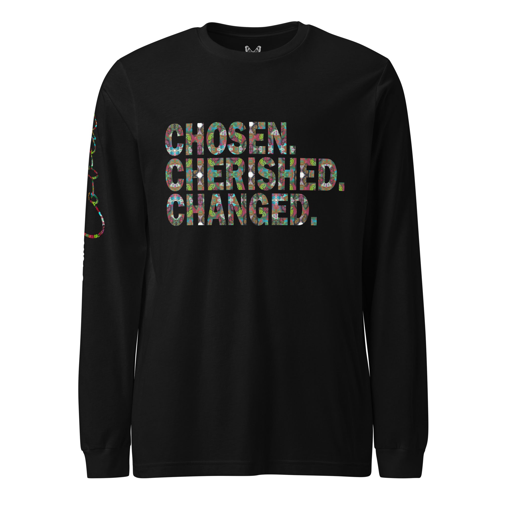 Chosen. Cherished. Changed. Butterfly Word Art Graphic Long Sleeve Tee