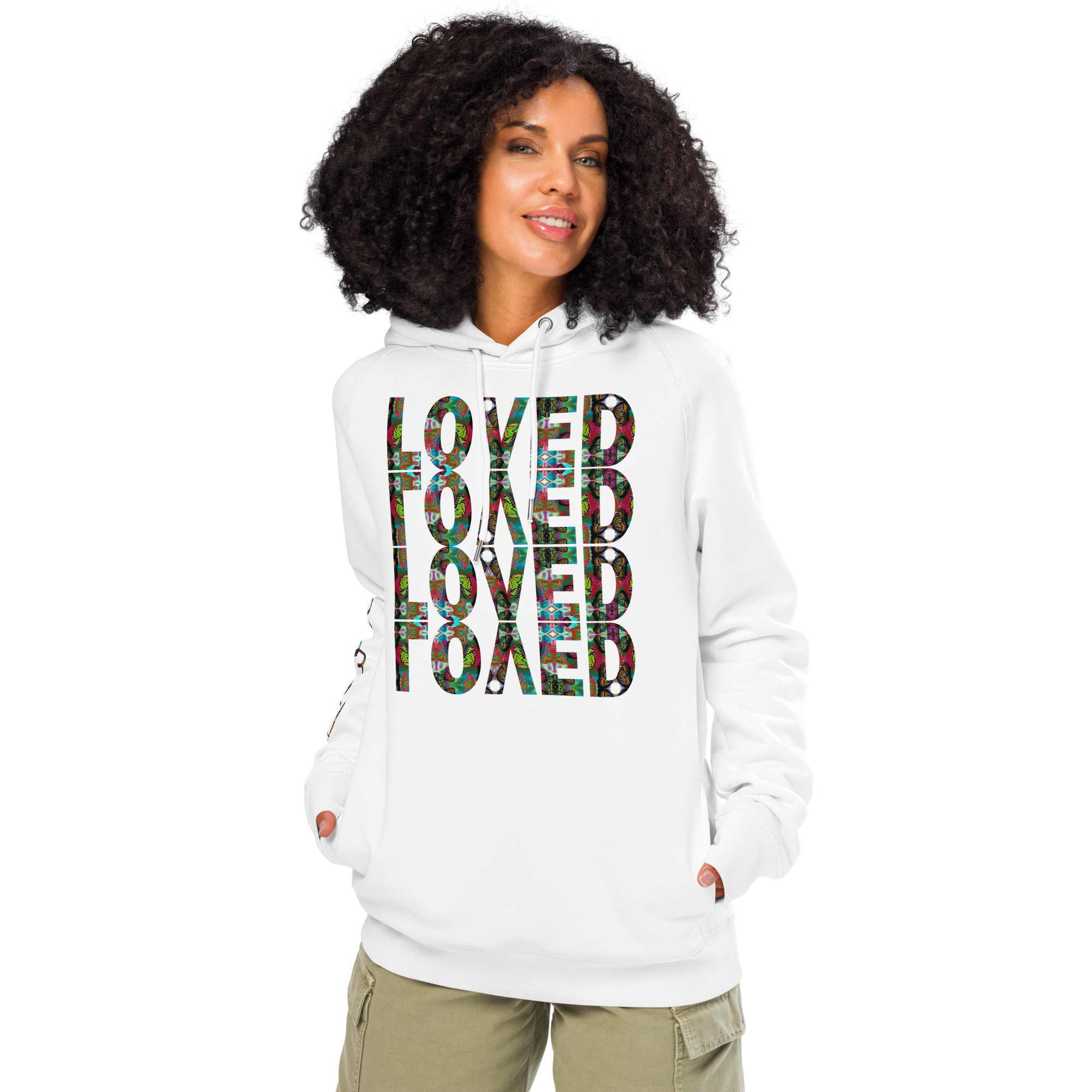LOVED ~ I am loved Hoodie, Butterfly Word Art Sweatshirt, Black or White