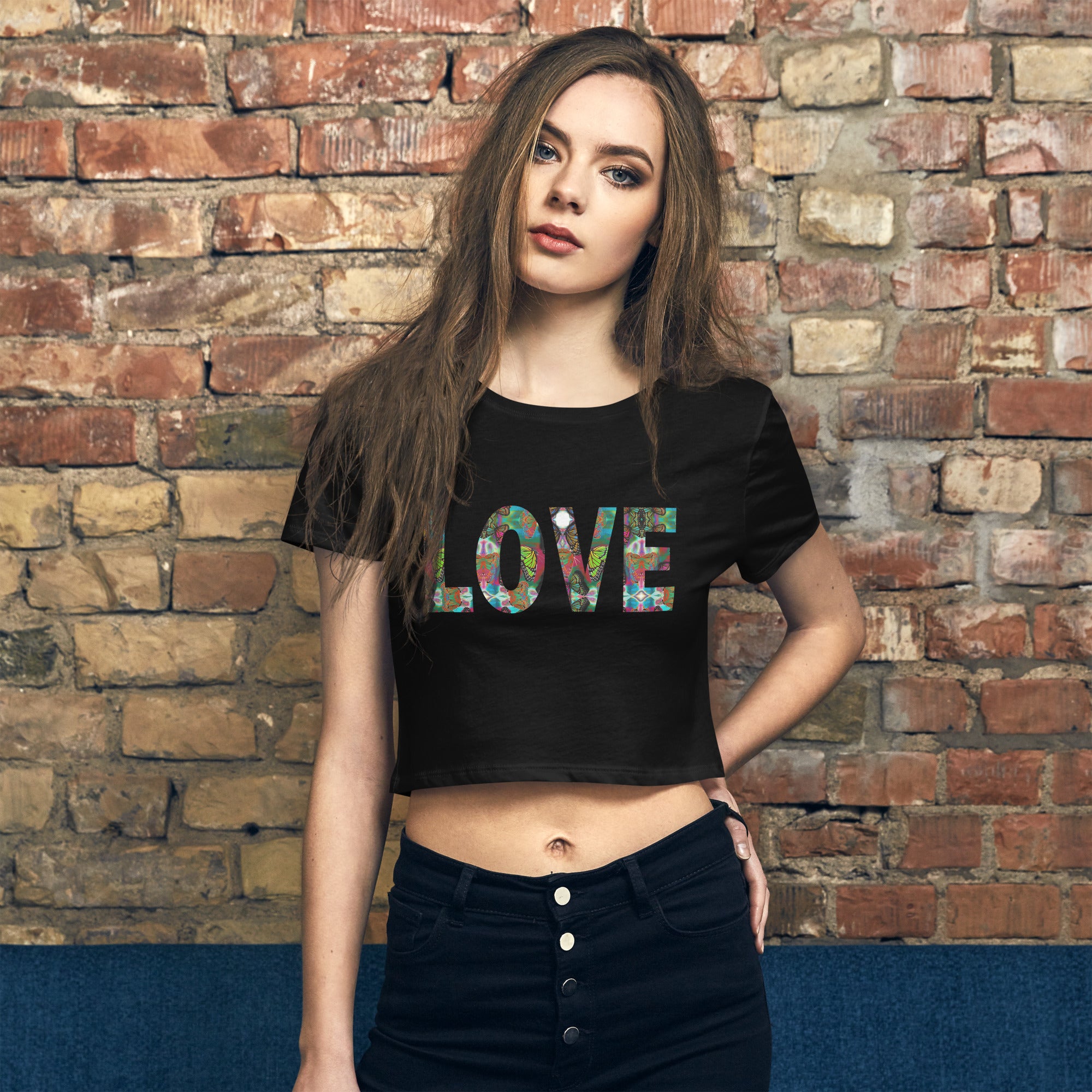 LOVE ~ Women’s Graphic Crop Tee, Butterfly Word Art Top, Black or White