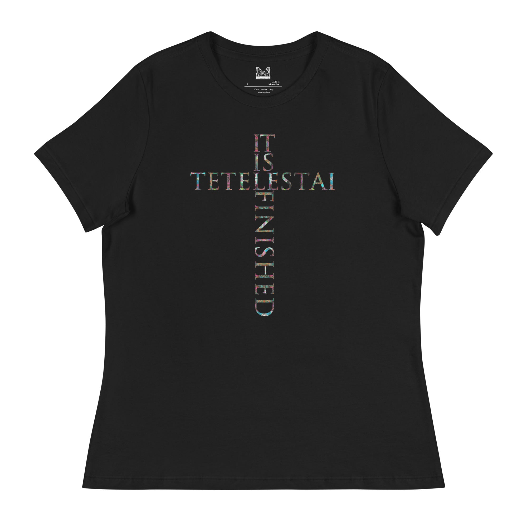 Tetelestai - It is Finished ~ Butterfly Word Art Women's Graphic T-shirt, Short Sleeve Religious Spiritual Top