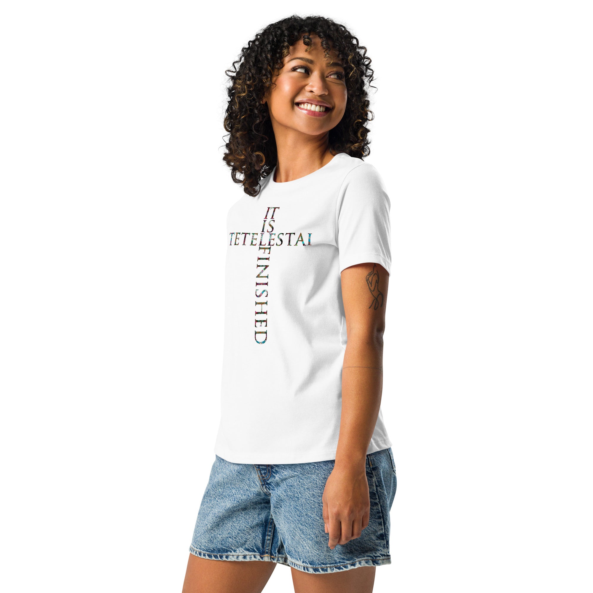 Tetelestai - It is Finished ~ Butterfly Word Art Women's Graphic T-shirt, Short Sleeve Religious Spiritual Top