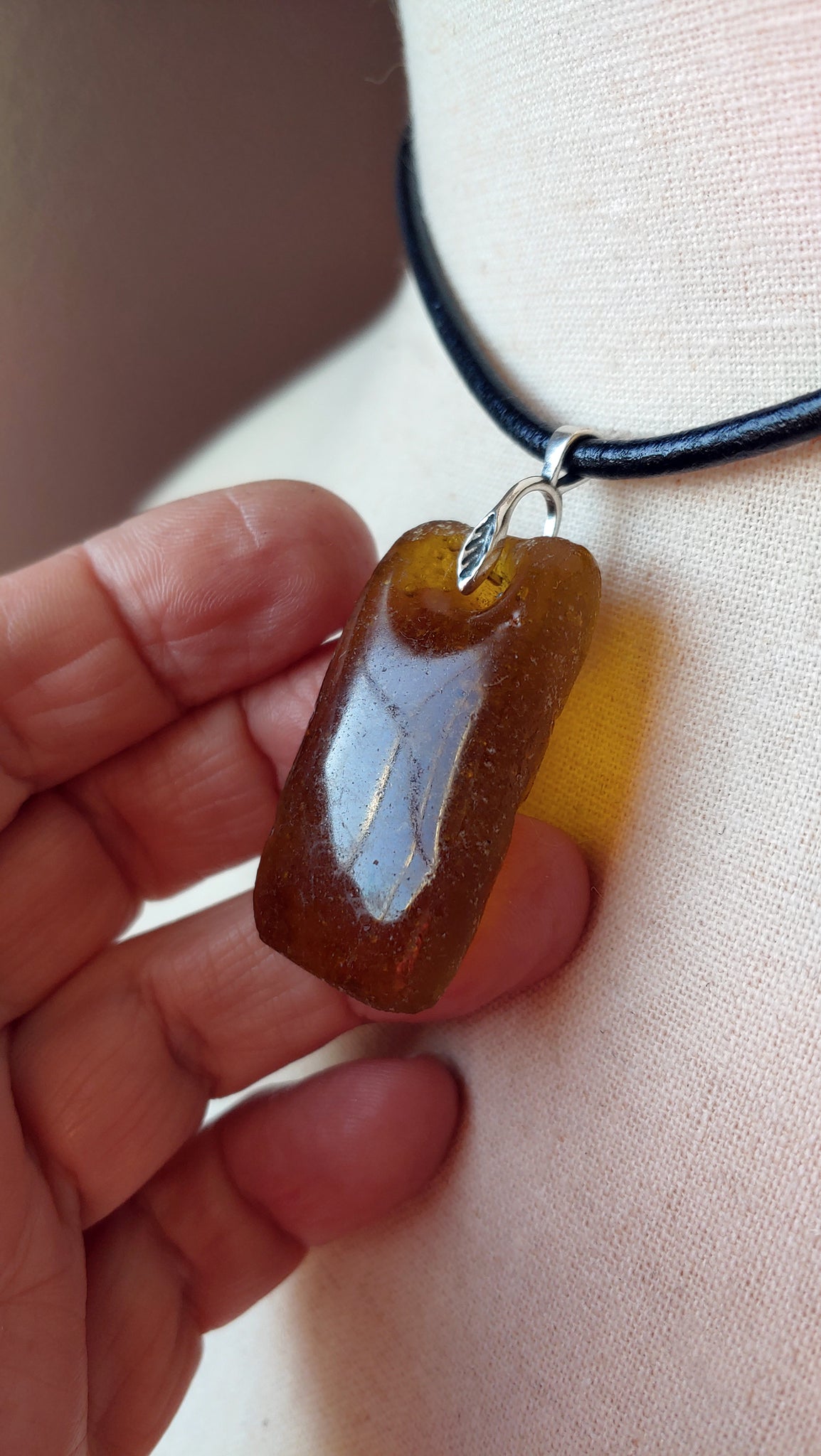 Ziri African Glass Pendant Sterling Silver Leather Cord Necklace, 18" Leather Choker