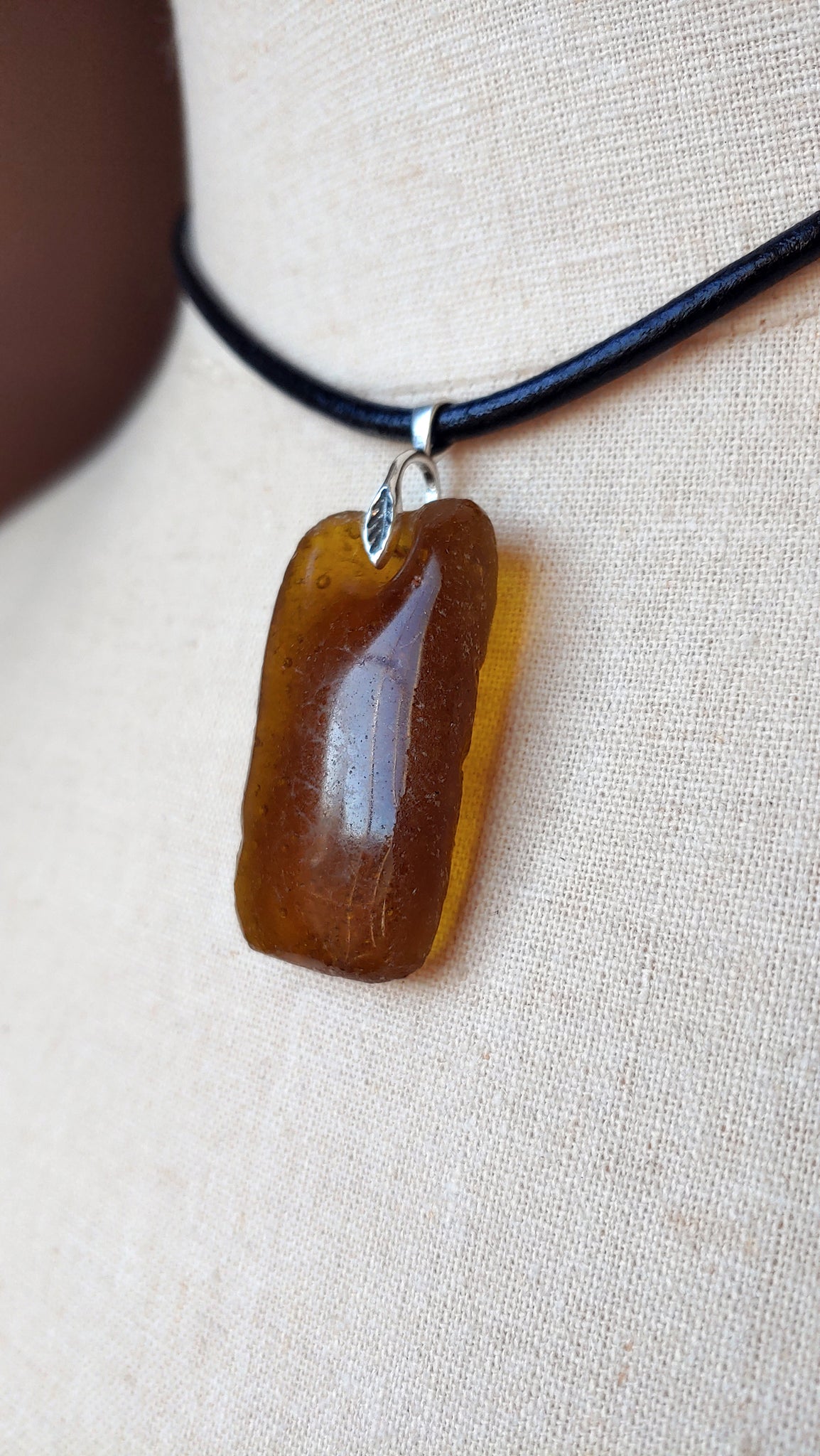 Ziri African Glass Pendant Sterling Silver Leather Cord Necklace, 18" Leather Choker