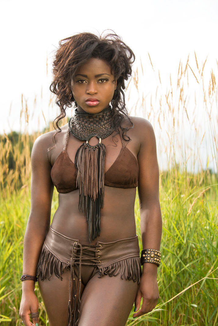 African Inspired Leather Necklace, Basketweave Collar Bib Style Neckpiece on model