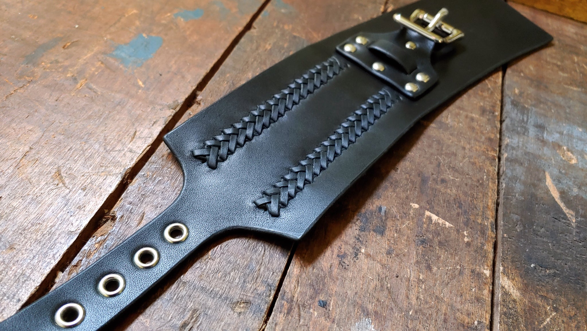 Aga Men's Wide Leather Cuff with Ladder Stitch Braid and Chunky Buckle - SS174