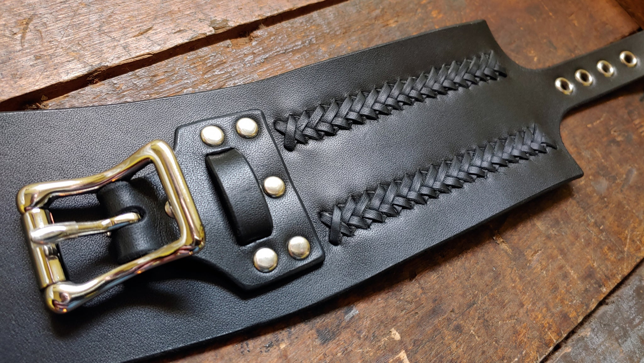 Aga Men's Wide Leather Cuff with Ladder Stitch Braid and Chunky Buckle - SS174