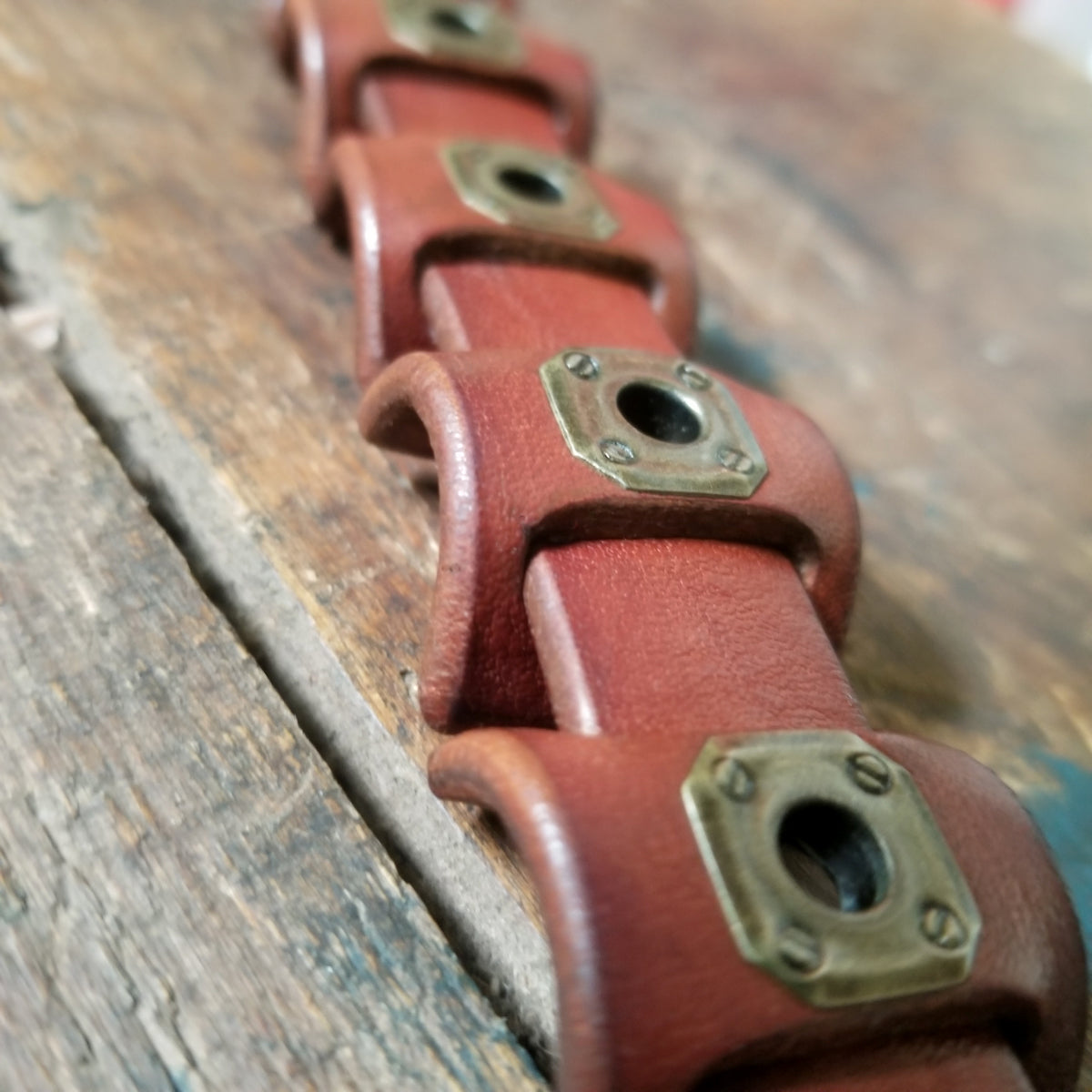 Ande Leather Tile Square Grommet Buckle Bracelet tobacco close up