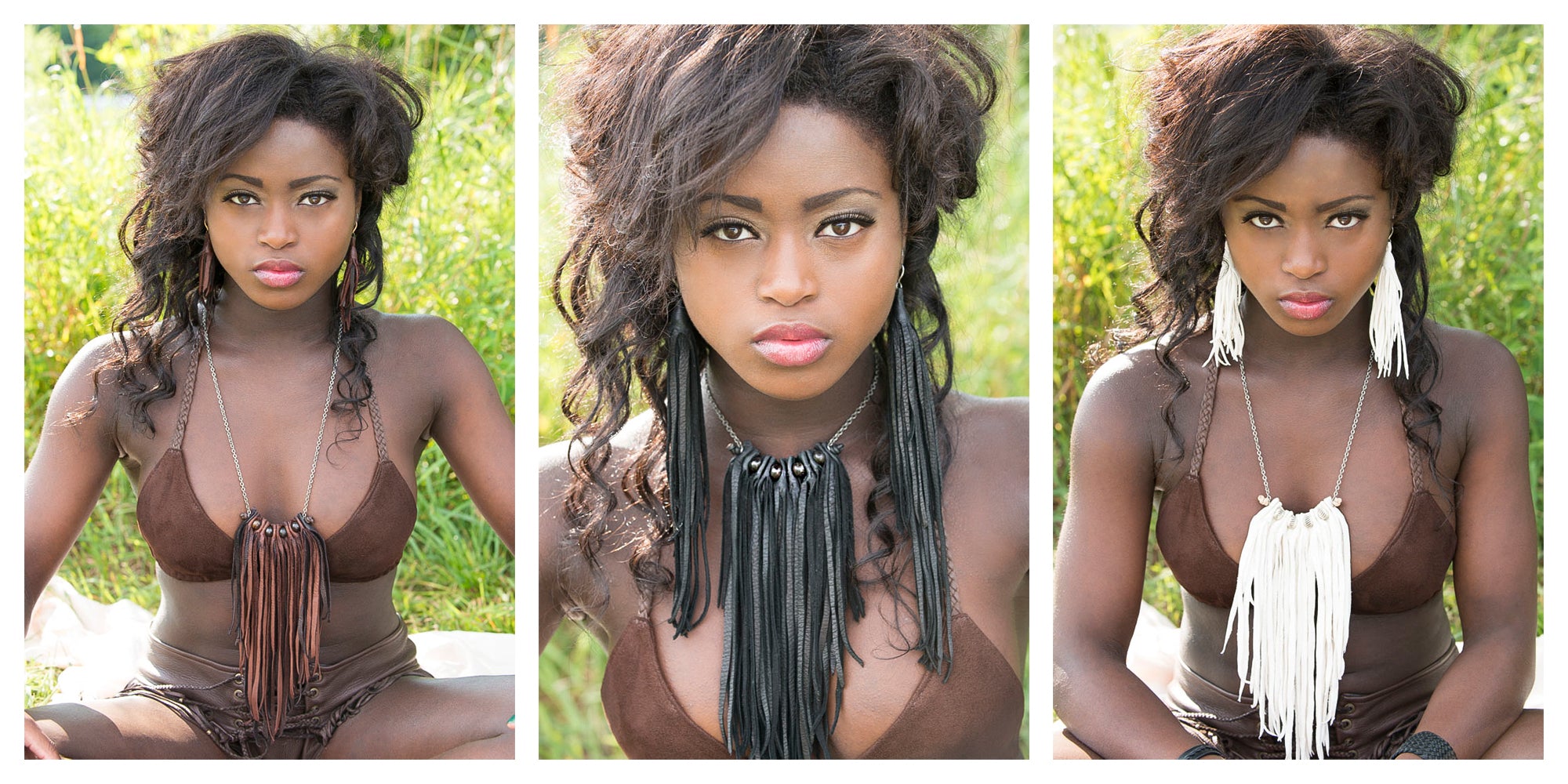 Model wearing three available lengths for Badu fringe leather necklace with African mala and South American Acai Beads