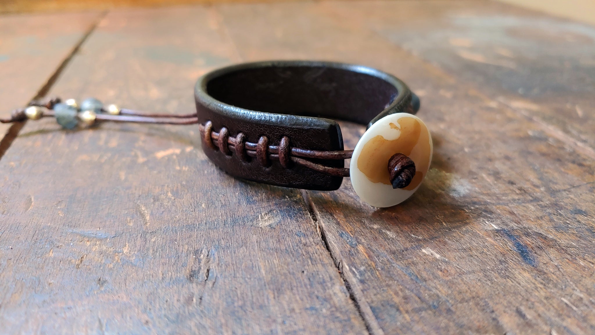 5.5" Wrist ~ Brown with Blue & Silver African Beads ~ Cliff Booth Inspired Leather Bracelet - Once Upon a Time in Hollywood Brad Pitt Replica Cuff