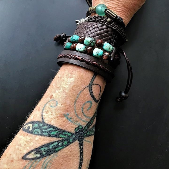 Tano, Chocolate Brown Leather Option w/ Antique Brass Beads modeled on customer