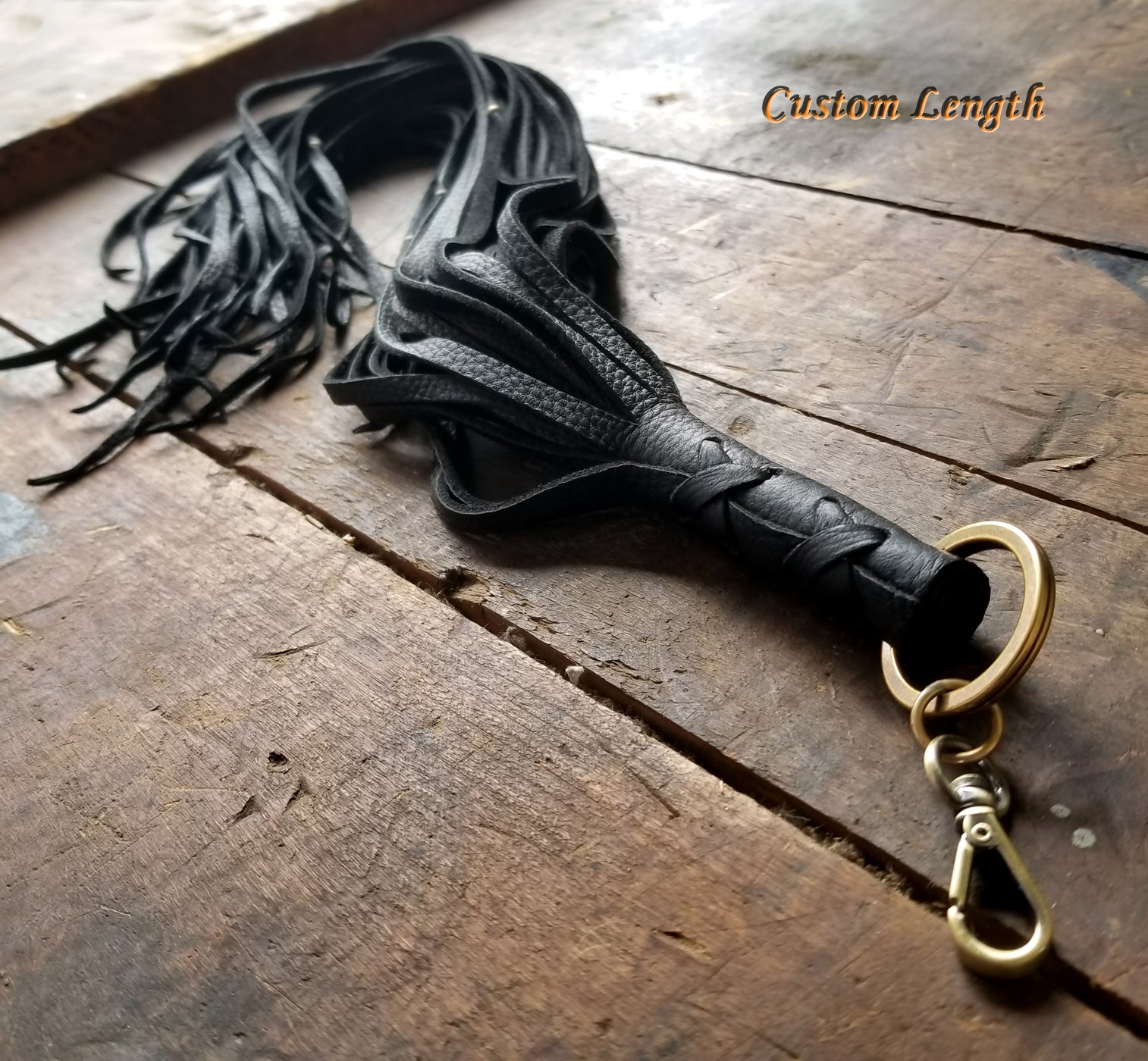 Custom Length Nala Leather Tassel Key Chain in black deerskin with antique brass beads and clip