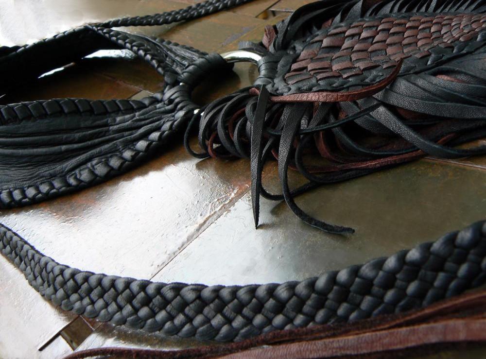 Black & Chocolate Leather necklace, Tau Basketweave Luxury Leather Collar Statement Necklace close up