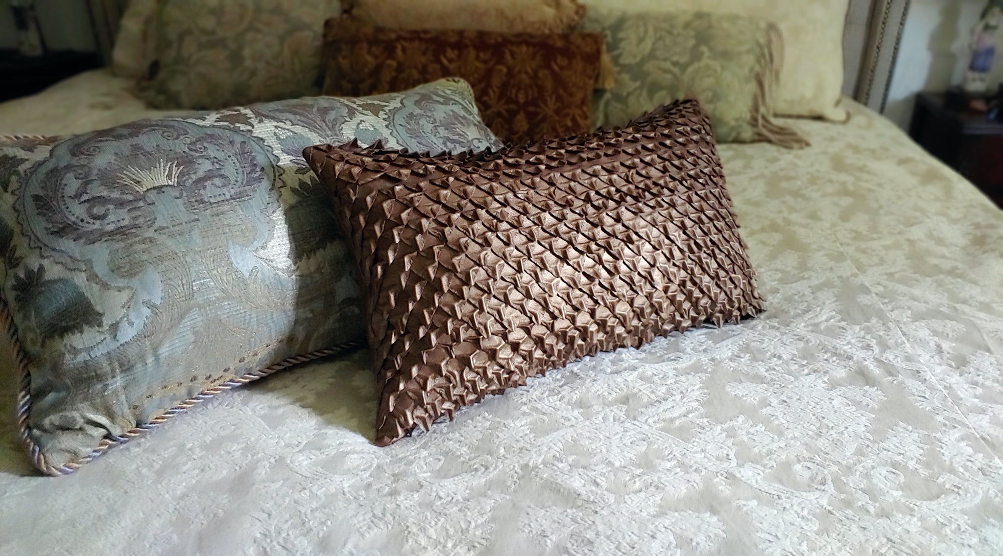 Leather Dragon Scales Decorative Pillow, Metallic Lambskin; Bronze, Silver, Gunmetal, White, 12 x 20 Designer Lumbar Pillow