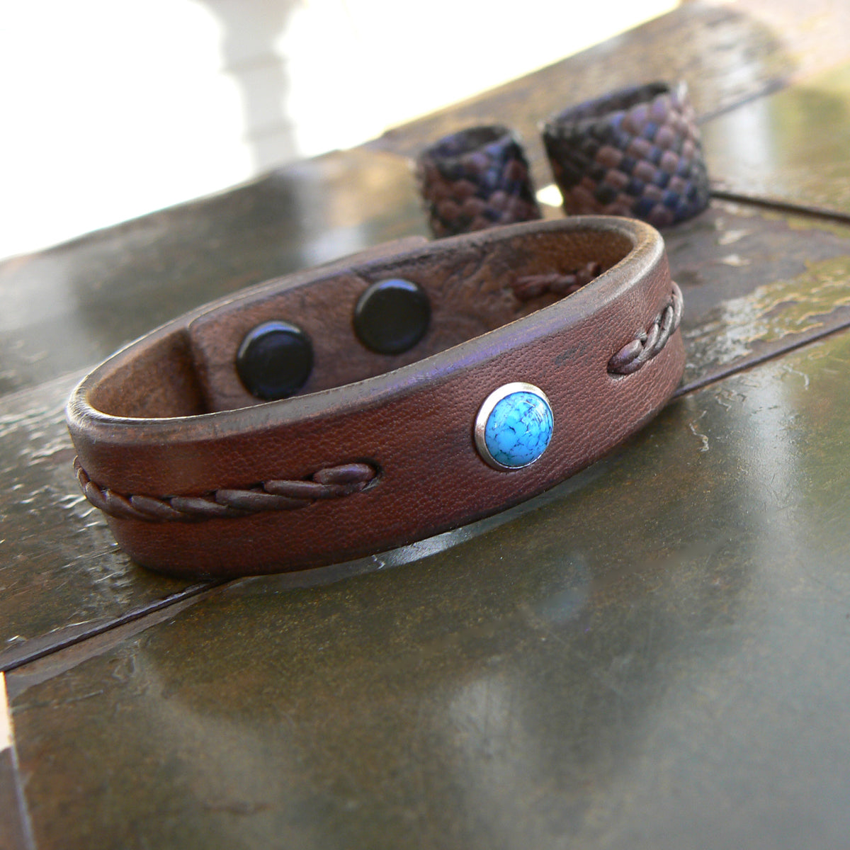 Reyes Turquoise Leather Bracelet | Men's Women's Braided Leather Bracelet in tobacco