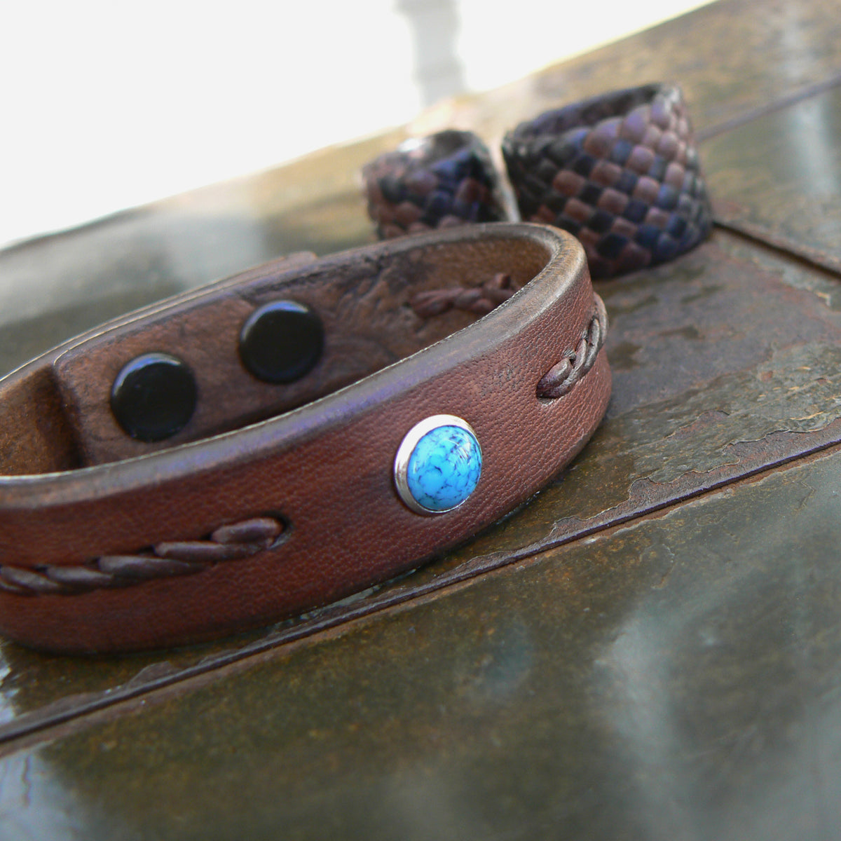 Turquoise Leather Bracelet | Men's Women's Braided Leather Bracelet in tobacco