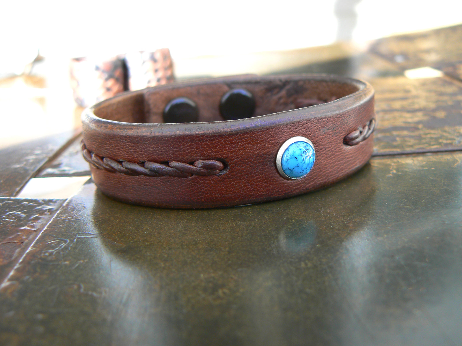 Women's Reyes Twist Braided Turquoise Leather Bracelet in tobacco