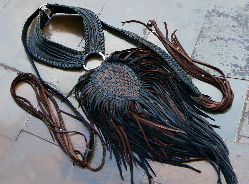Black & Chocolate Tau Basketweave Luxury Leather Collar Statement Necklace