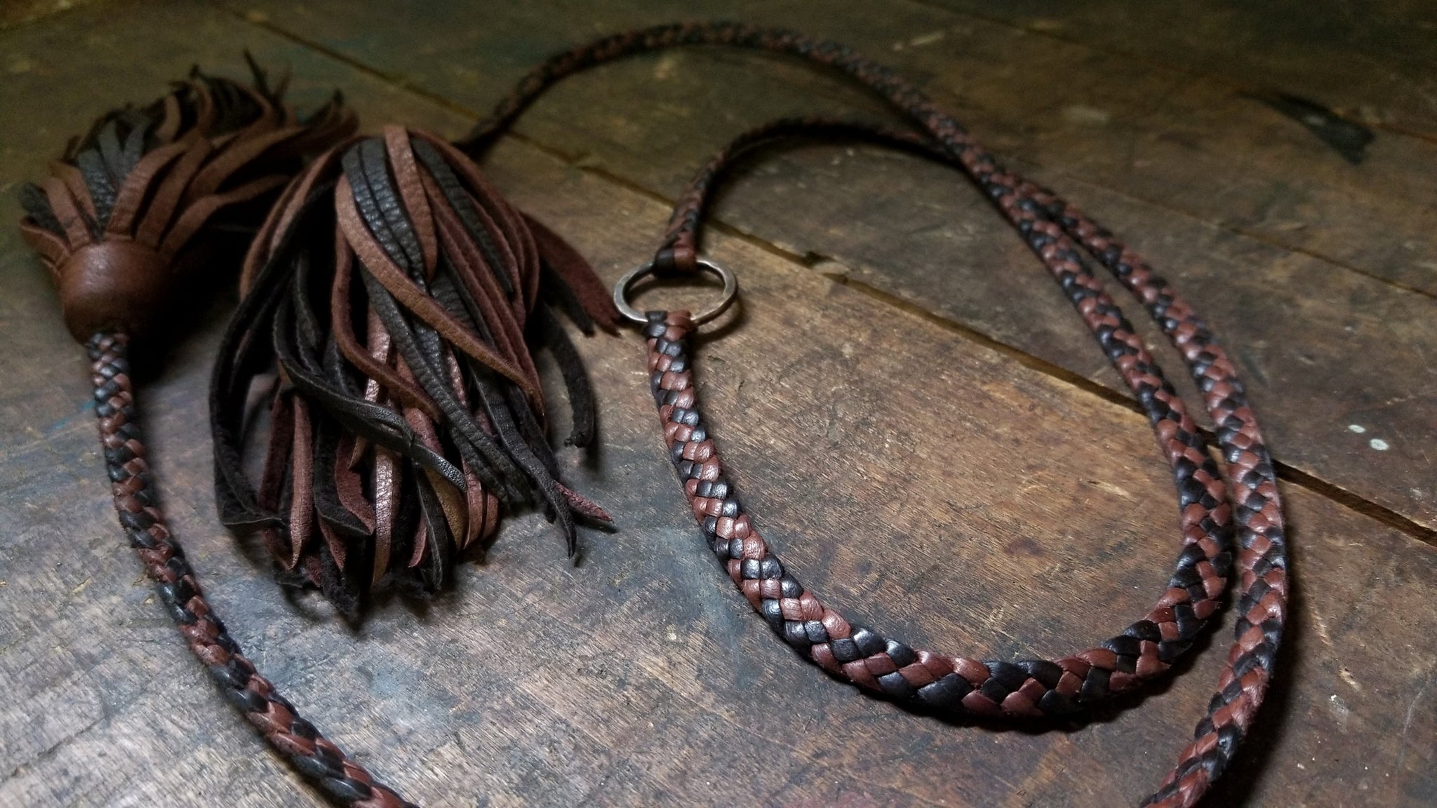 Zyanya Ring Braided Leather Choker Necklace/Wrap Bracelet, chocolate and mahogany eternity necklace with antique nickel ring