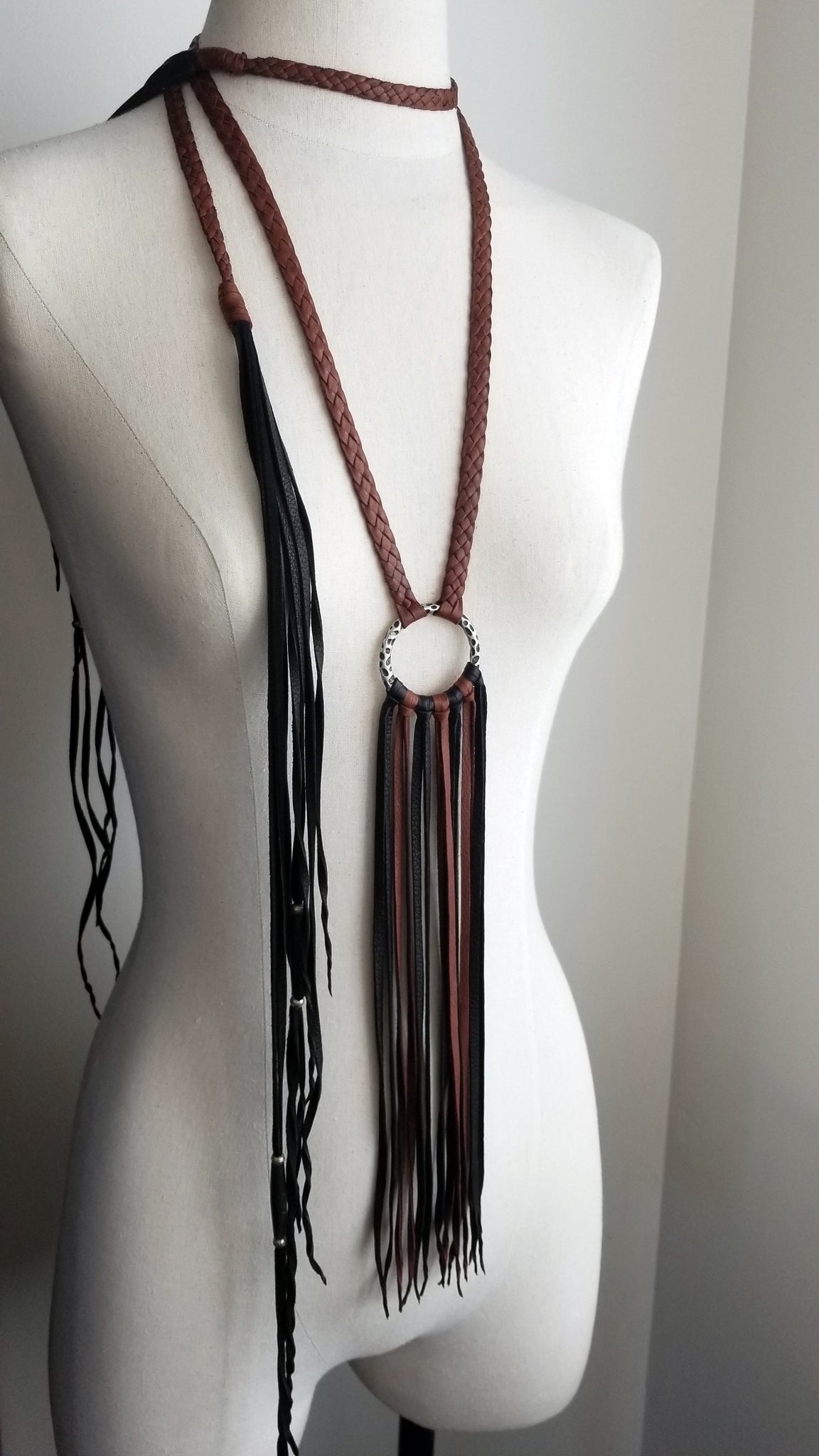 Aisha Braided Leather Ring Neckpiece - mahogany and black deerskin