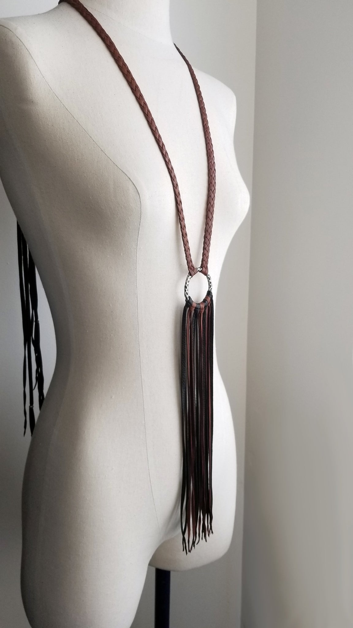 Aisha leather statement necklace - mahogany and black deerskin leather