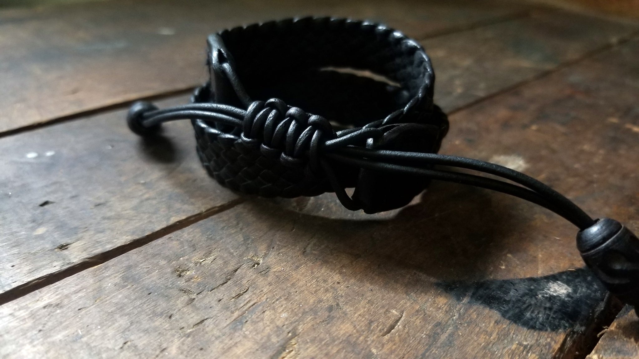 Men's Women's Braided Leather Wrap Bracelet, back adjustable slip knot closure