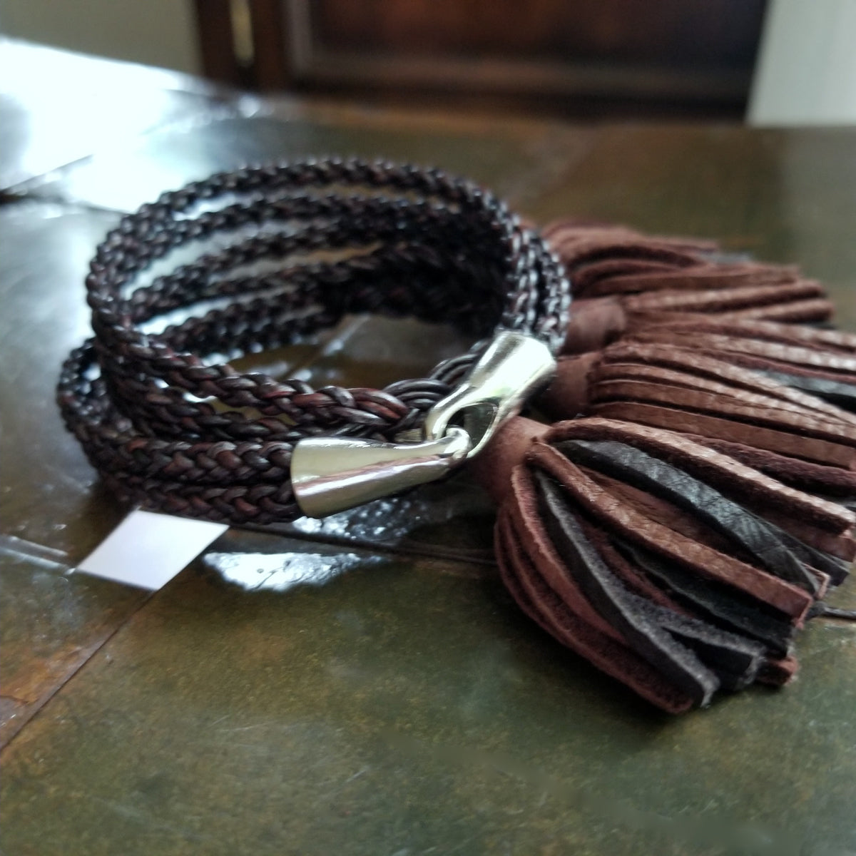 Anya Leather Tassel Bracelet, Braided Leather Wrap Cuff Bracelet with tassels