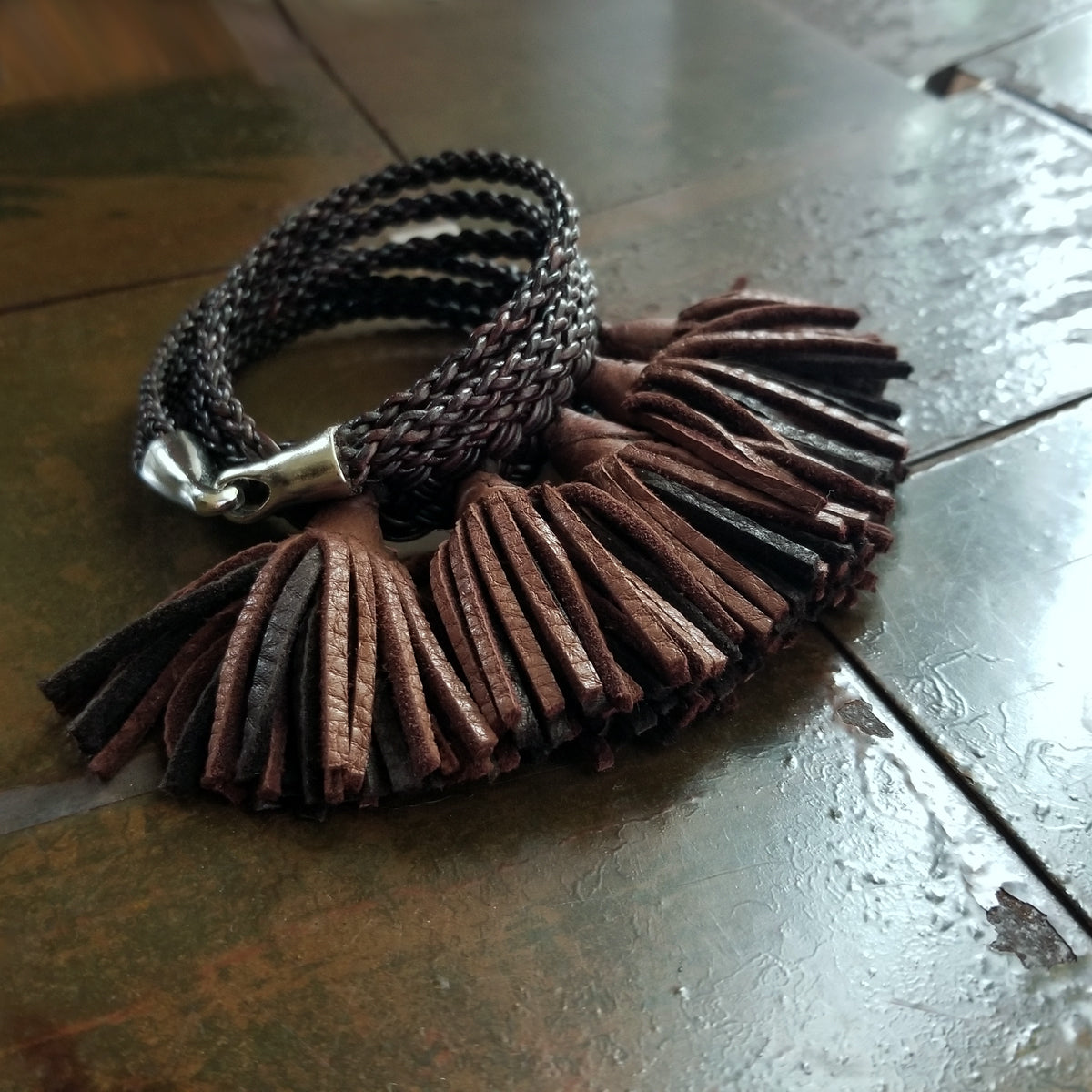 Anya Leather Tassel Bracelet, Braided Leather Wrap Cuff Bracelet with tassels