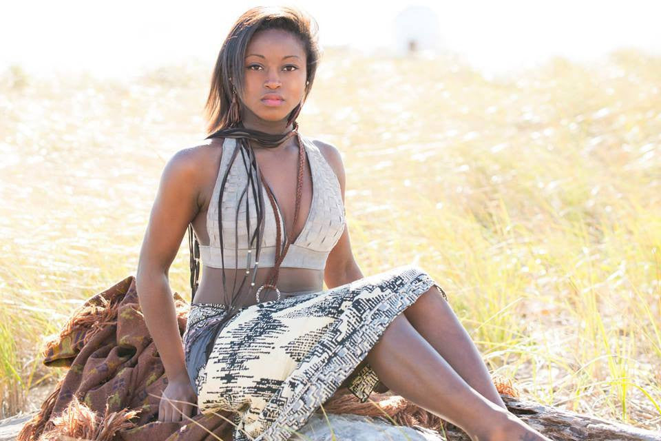 Alie Basketweave Suede Backless Halter Top on model