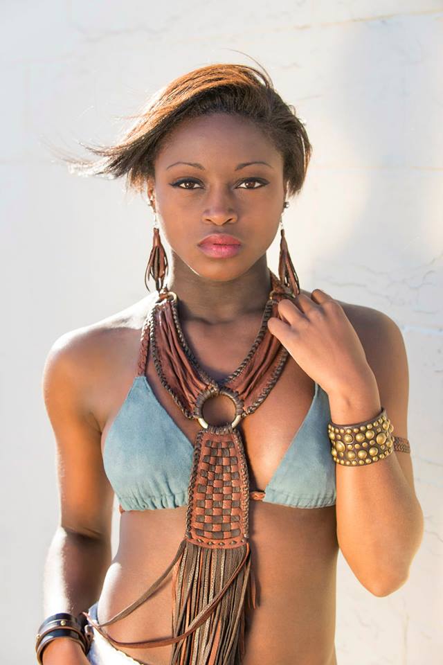 Darice Goatskin Suede & Braided Leather Triangle Bikini Top in thistle color on model