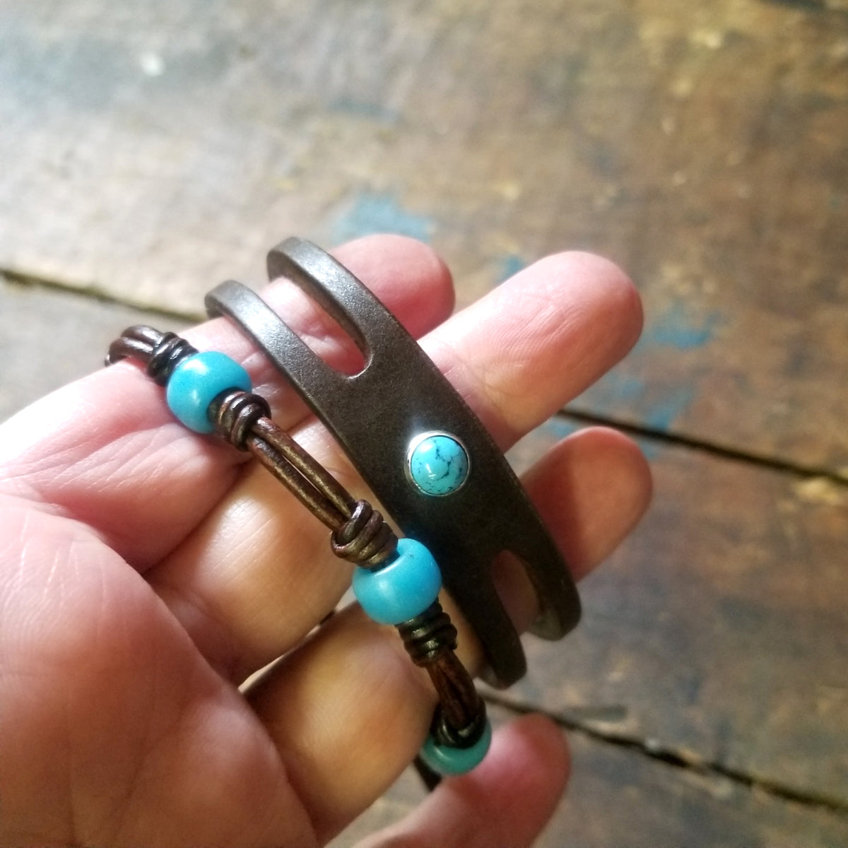 Lil Trinity, Brown & Turquoise with Chuma African Trade Beads leather knot Bracelet