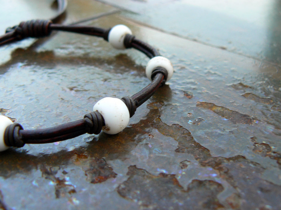 Chuma Antique Creamy White African Trade Beaded Adjustable Bracelet close up black