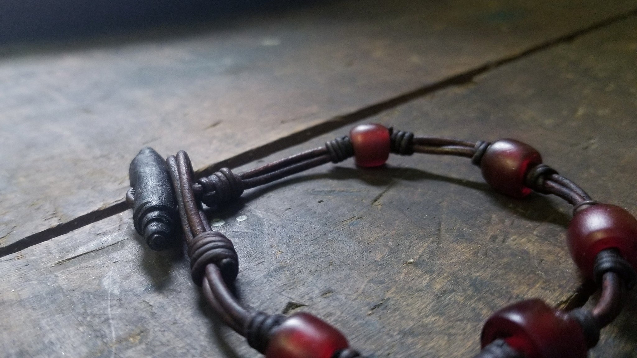 Chuma Leather Bracelet w/ Leather Toggle Button & Loop Clasp Closure, African Trade Bead Bracelet, Men's Women's Knot Bracelet, mahogany brown