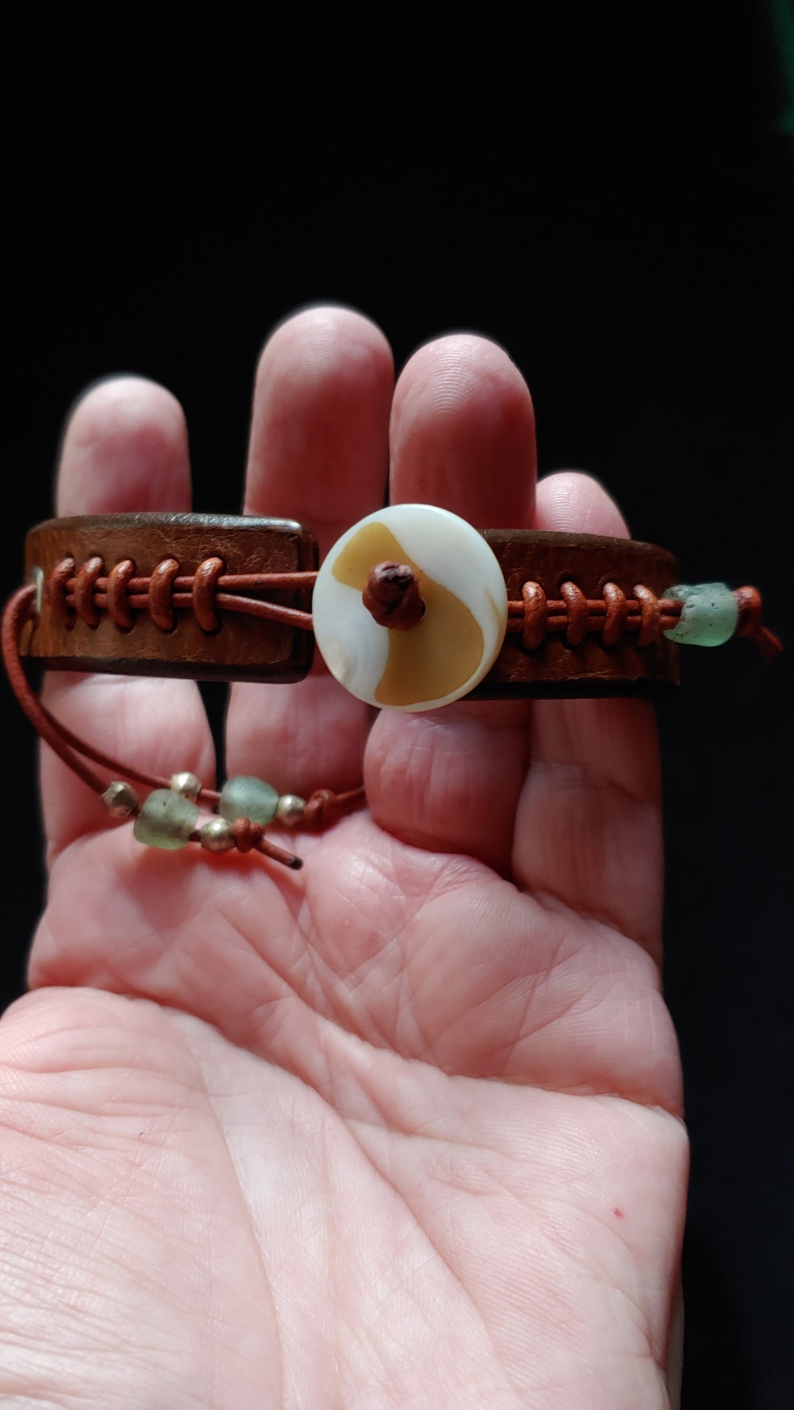 8.5" Wrist ~ Tobacco with Green & Silver African Beads ~ Cliff Booth Inspired Leather Bracelet - Once Upon a Time in Hollywood Brad Pitt Replica Cuff