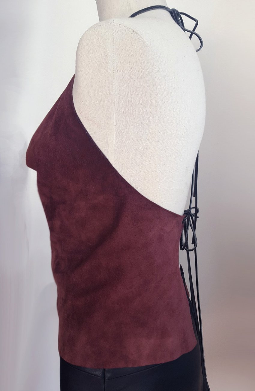 Backless Leather Halter Top - Deep Scoop Cowl Neck Suede Leather Top in the color Eggplant