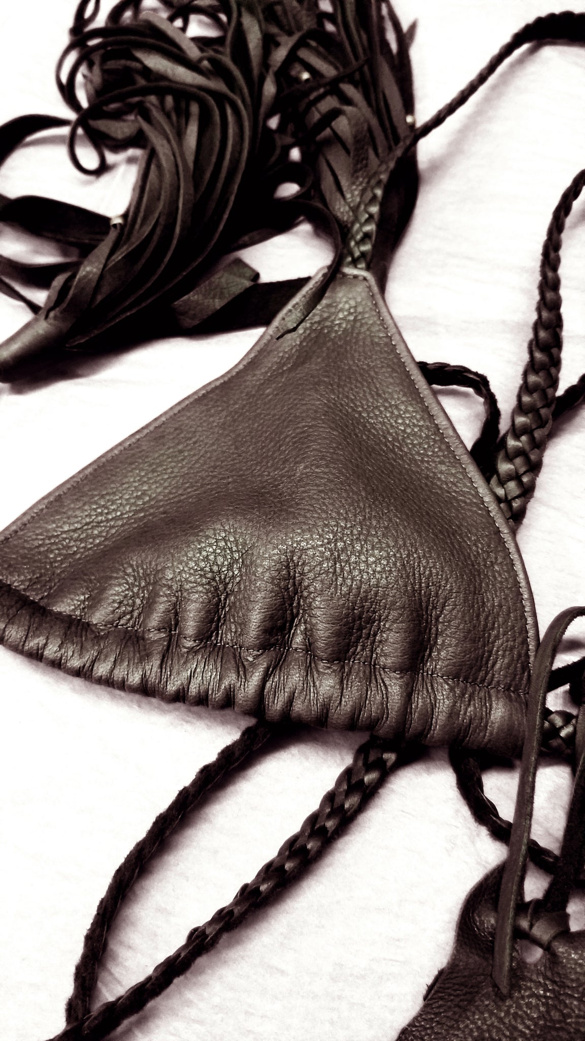 Darice DEERSKIN Leather Triangle Bikini Top | Braided Leather Ties, Fringe Tassels & African Beads