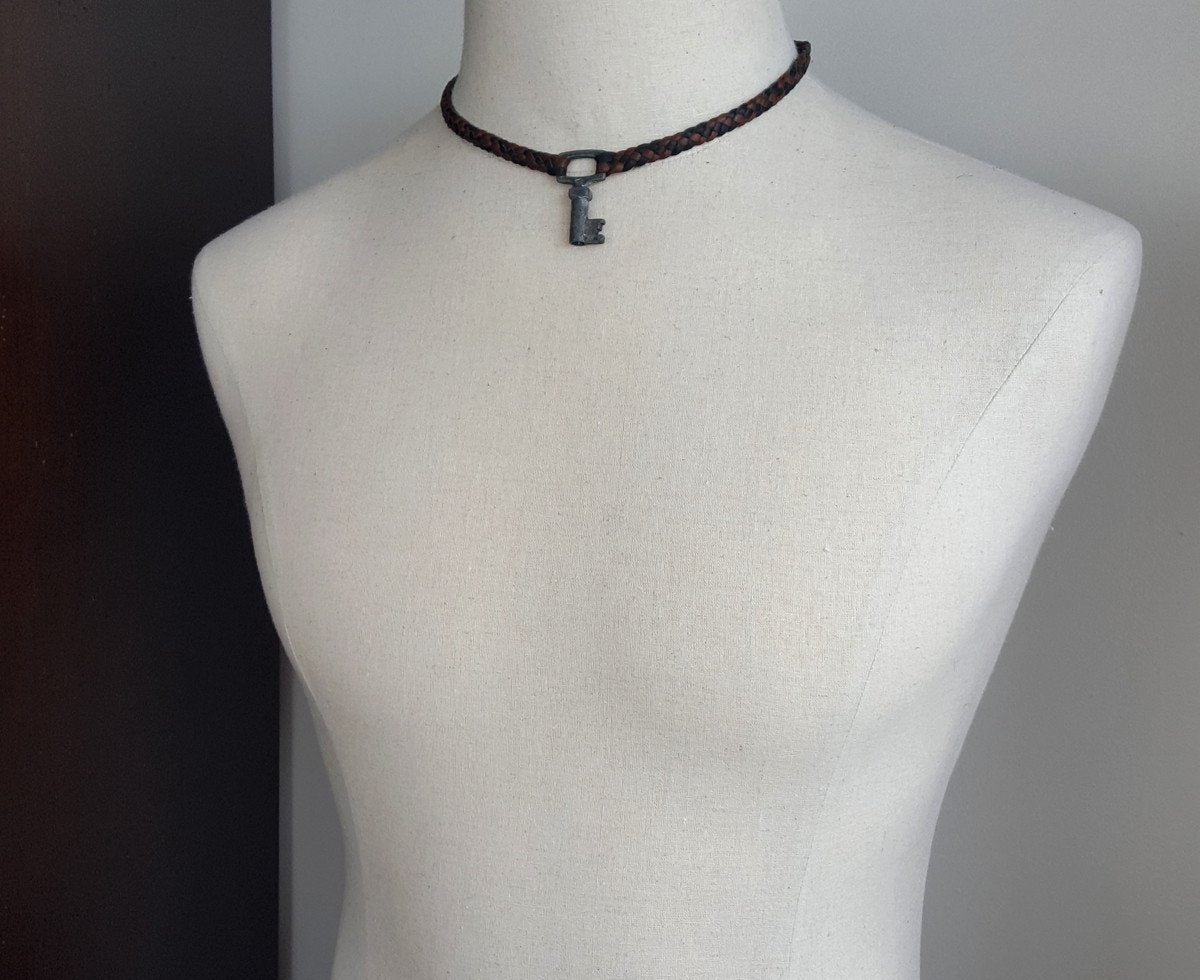 leather key necklace on male mannequin, braided leather choker, vintage key necklace