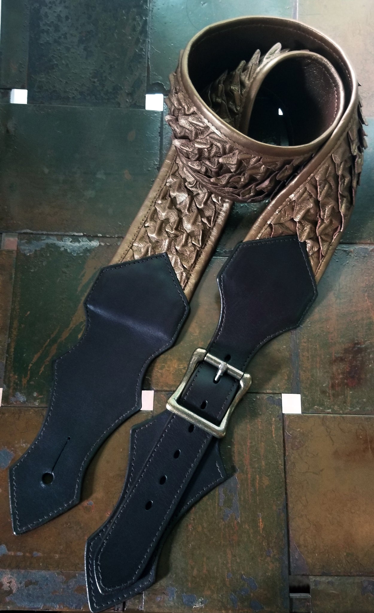 Draak Dragon Scale Leather Guitar Strap in Bronze Pearl and Brown Latigo Leather | Handmade Dragon Scales Custom Guitar Stra