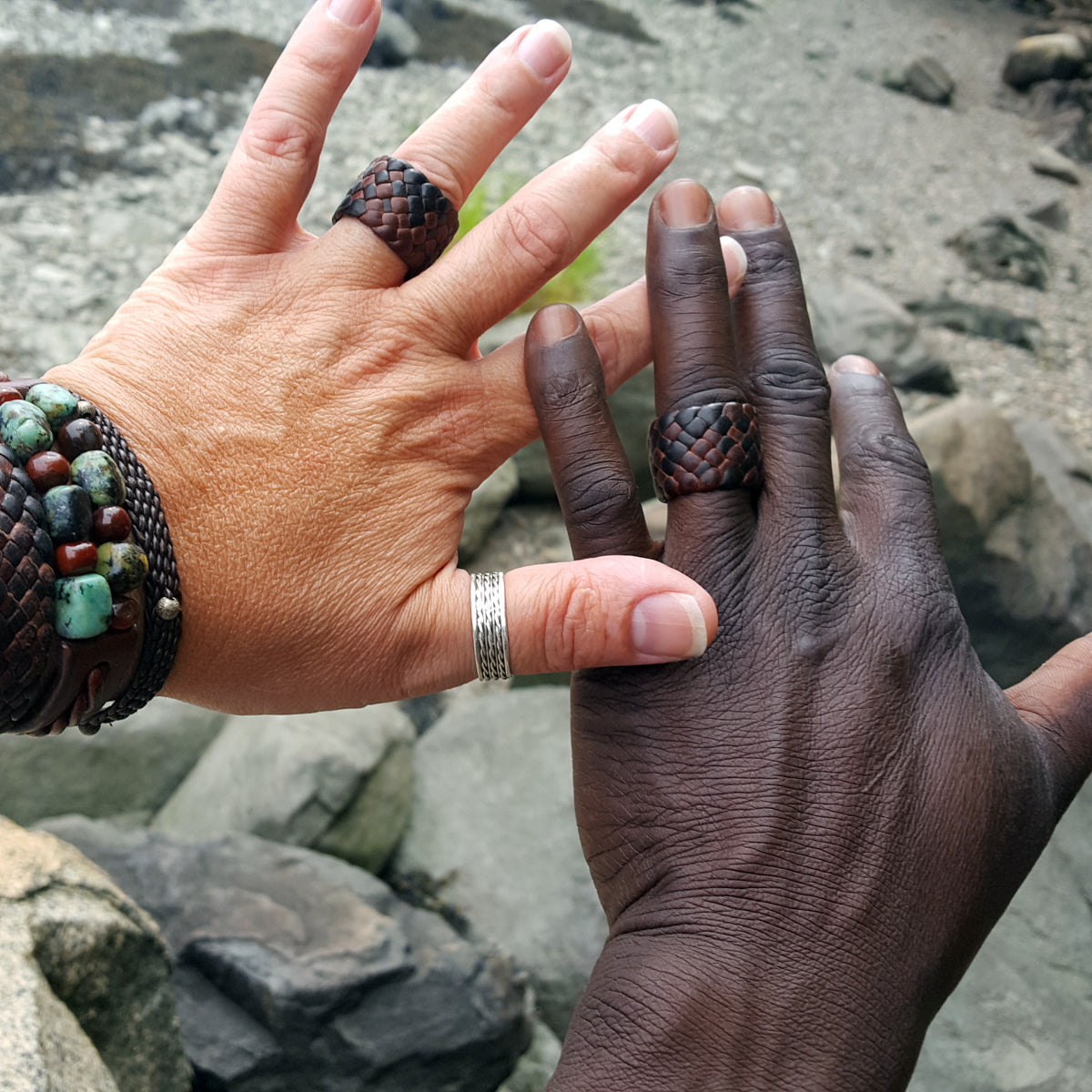 chocolate and mahogany kama braided leather rings, 3/4" and 5/8" on male and female models